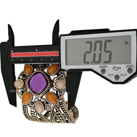 Barse Gold Tone Cuff Bracelet Purple Lucite Center, Signed - Picture 9 of 11